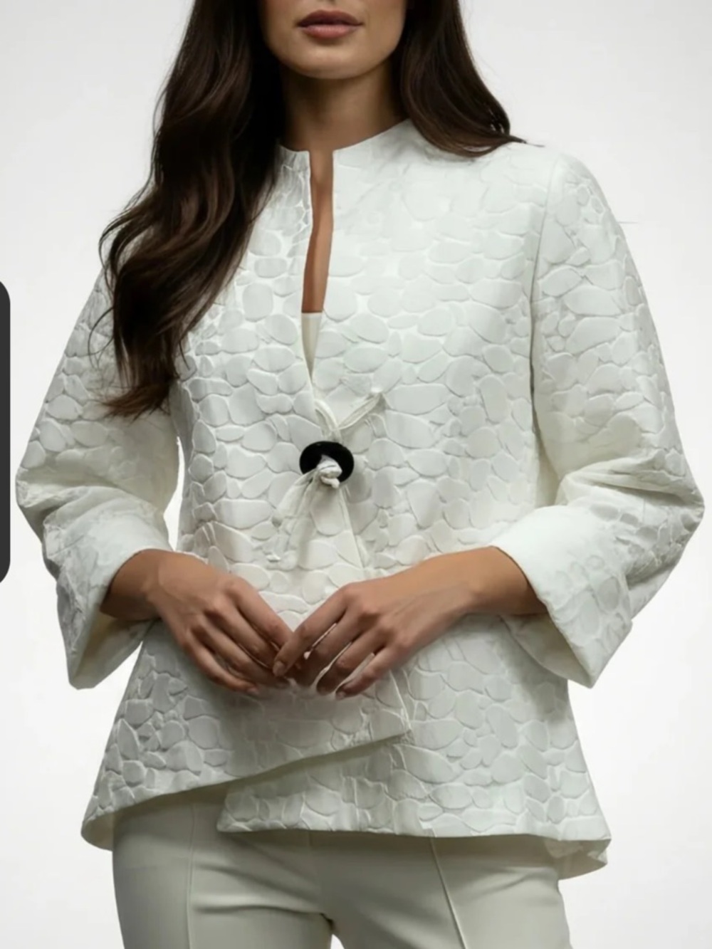 Elegant White Textured Tie-Front Jacket - Women's Top by IC